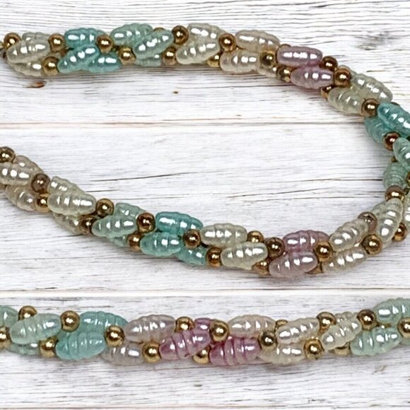 Genuine Pearl Necklace & Bracelet Set Pastel Colors Double Helix Gold Beads 18"L - Picture 2 of 5